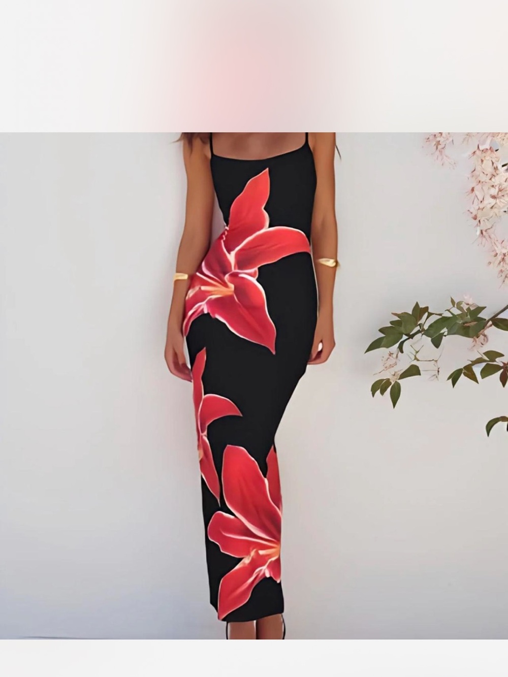 Black Maxi Slip Dress with Red Floral Print